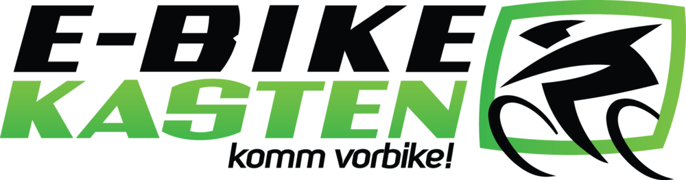 Dieses Bild zeigt ein Logo mit dem Text "E-BIKE KASTEN" in schwarzer und grüner Schrift. Darunter steht in kleineren schwarzen Buchstaben der Slogan "komm vorbeike!". Auf der rechten Seite des Logos befindet sich ein stilisiertes Symbol eines Fahrradfahrers, eingerahmt von einem grünen Quadrat.